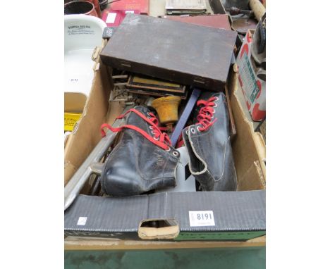 A box of miscellaneous including ice skates, stilyard scale, money tin etc  