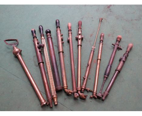 A box of mixed named brass garden sprayers including Abol No.6, Dronwal, Crommesol etc 