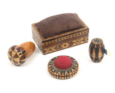 Tunbridge ware - sewing - four pieces comprising an acorn form thimble case with stick ware cover, with a silver thimble, 5cm