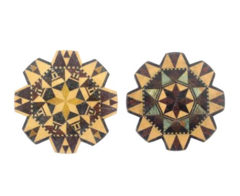 Two Tunbridge stick ware thread winders of geometric design and circular form, 4.5 and 4.7cm dia                             