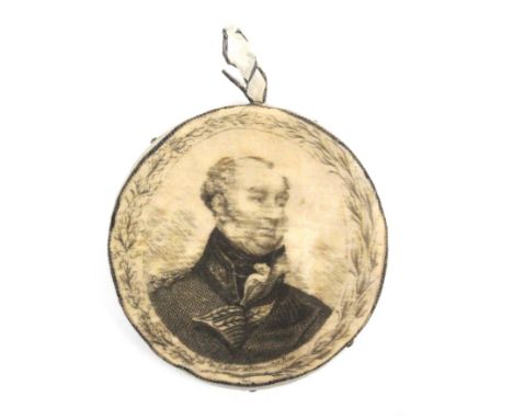 A rare printed silk pin disc one side with a bust portrait of The Duke of York within a oak leaf border and printers details 