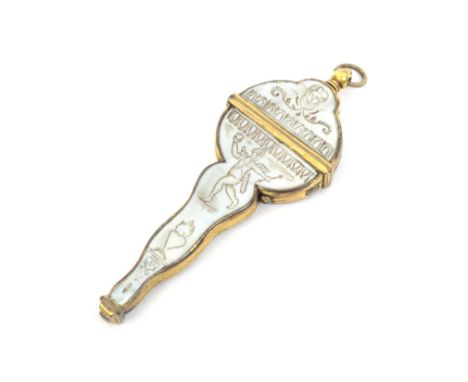 An 18th Century gilt metal and mother of pearl scissor case each side engraved with mask, cupid, flaming heart and other moti