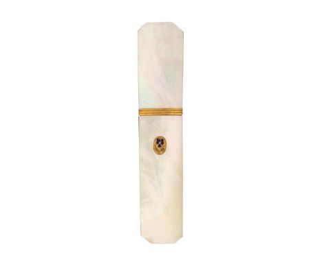 A Palais Royal mother of pearl needle case of cut corner rectangular form, one side inset with a gilt metal and enamel pansy 