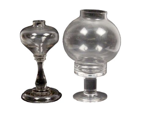 A 19th Century lace makers glass lamp and another modern, the first, with an onion shaped reservoir on a baluster stem on dom