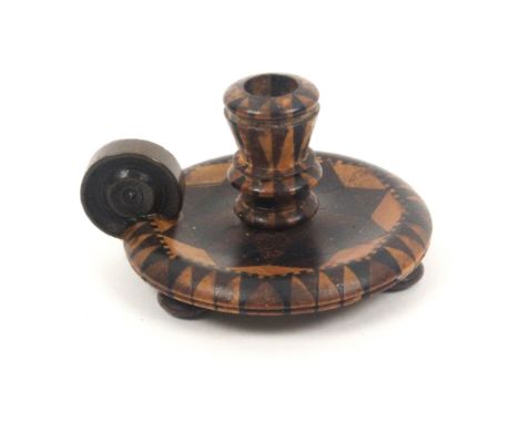 A Tunbridge ware sealing wax candle holder the stick ware sconce on dished stick ware base with roundel turned handle on thre