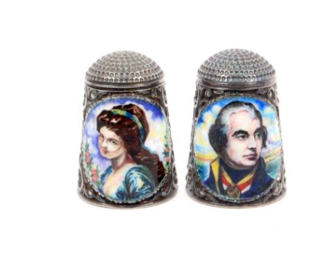 Two silver and enamel thimbles by Peter Swingler comprising one with oval portrait panel and a further oval inscribed 'Horati