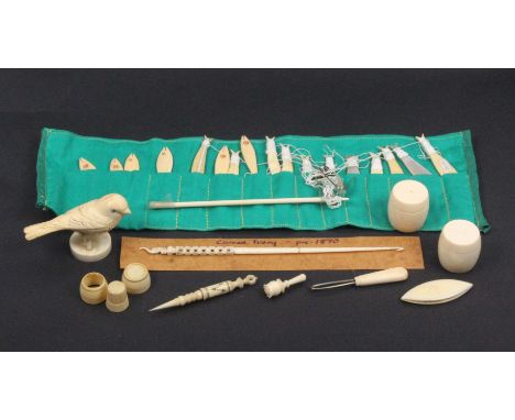 A mixed lot - sewing - 19th Century ivory and bone, comprising an Indian ivory crochet hook with bird finial, 19cm, two ivory