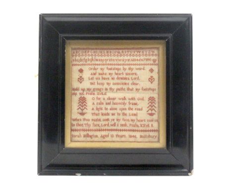 A well-executed small-scale sampler 'Sarah Millington Aged 13 Years 1846, Buttsburg' worked with alphabets, verses, jardinire