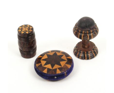 Tunbridge ware - sewing - three pieces all in stick ware comprising a disc form pin cushion, 4cm dia, a combination pedestal 