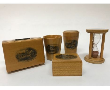 Mauchline ware-five pieces- comprising an egg timer (Ann Hathaway's Cottage,Near Stratford On Avon ), 8.2 cm, a rectangular b