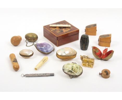 A mixed lot - sewing - comprising two Mauchline ware thimble cases, a similar needle case, boxwood tape measure, pearl and ot