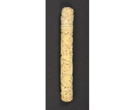A 19th Century Chinese carved ivory netting cylinder, carved with dragon, birds and other motifs, with a selection of tools, 