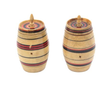 Two painted Tunbridge ware cotton barrels with red and black ring turned decoration, each 4.2cm high                         