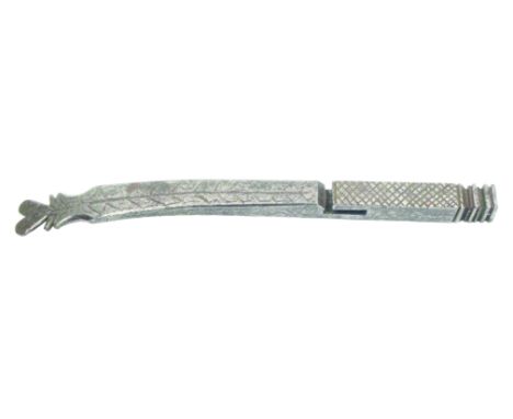 A rare 18th Century steel knitting stick of square section, curved and reducing to a flat, the finial as a heart, variously c