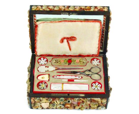 A rare shell work Palais Royal small format sewing box of rectangular form, the top and sides covered in variant shells withi