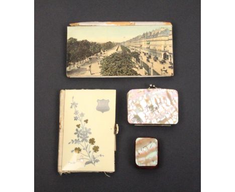A mixed lot comprising a 19th Century French ivory notelet the cover inlaid in coloured metals and pearl with a flowering bra