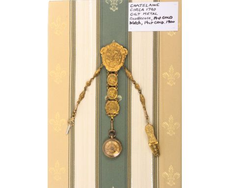 An 18th Century gilt metal watch chatelaine with later fittings the mount with panel of garden tools and flowers, the two out