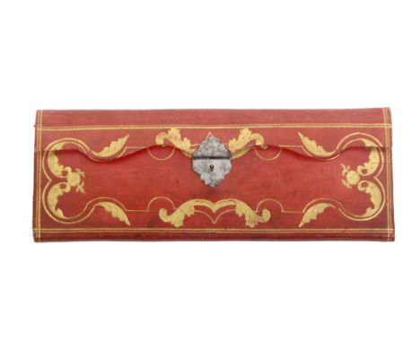 A good netting set in tooled leather case, the red leather and gilt tooled wallet form case with steel catch, the tooled moro