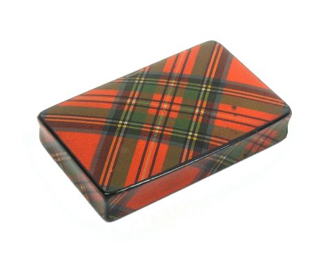 Tartan ware - a rectangular snuff box (Stuart) full wooden hinge, foil lined Interior (95%) stamped to the underside of the l
