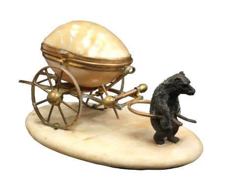 A sewing companion, circa 1870, in the style of Palais Royal in the form of a gilt mounted mother of pearl egg on a two-wheel