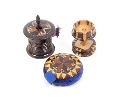 Three pieces of Tunbridge ware - sewing - comprising a disc form pin cushion, 3.5cm, a combined waxer/reel/ pin cushion in st