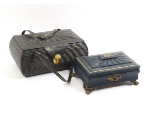 Two early 19th Century leather sewing boxes comprising a green leather covered example with reeded curved sides the radiating