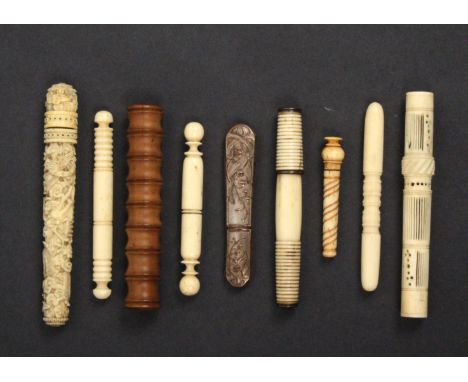 Nine various needle cases comprising a 19th Century Chinese carved ivory example, cover loose, 9.5cm, six other bone and ivor