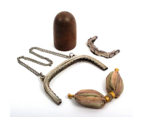 Purses and related items comprising a wooden thimble-shaped purse mould or Moule Turc, 8cm, a continental silver purse clasp,