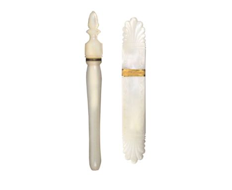 Two mother of pearl needle cases comprising a Palais Royal example with gilt and enamel pansy motif and gilt metal band, repa