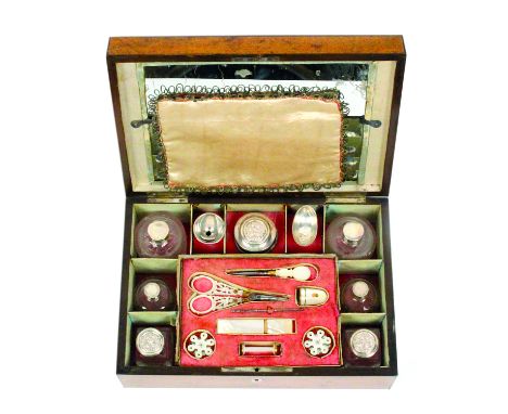 A French Palais Royal musical travelling and sewing box, in burr walnut edged in ebony and of rectangular form on brass ball 
