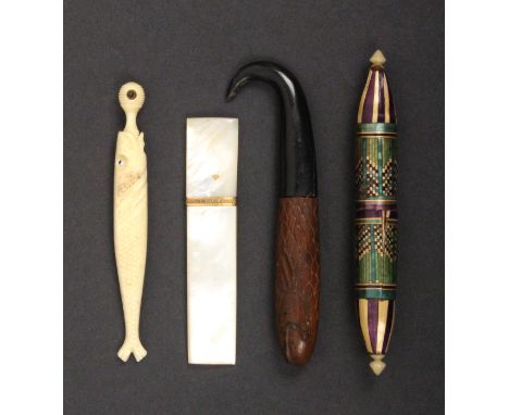 Four needle cases comprising a Palais Royal style mother of pearl example of rectangular section, 8cm, a carved bone example 