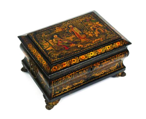 A fine Chinoiserie decorated Regency sewing box with a few accessories, the box of bombe and sarcophagal form raised on elabo