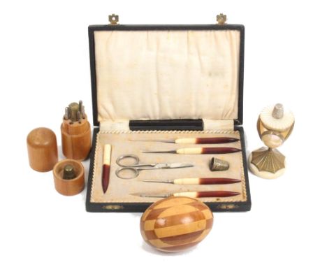 A mixed lot - sewing - comprising a seven-piece Dutch sewing companion in rectangular leatherette case, 18.5cm, a three-secti