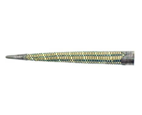 An early 19th Century Dutch silver and quill work knitting stick of tapering cylinder form decorated in alternate bands of gr