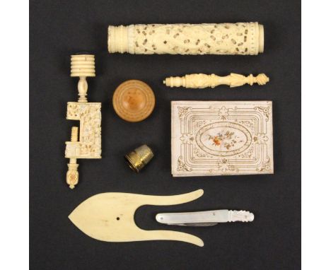 A mixed lot - sewing comprising a 19th Century carved ivory reversible stiletto, 8cm, a bone lucet, 10cm, a mother of pearl h