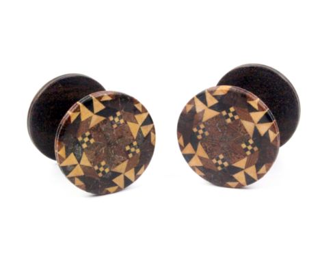 Two rosewood Tunbridge ware reels each with stick ware top, 3.5cm                                          (2)