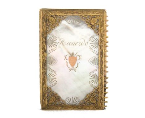 A good mother of pearl and gilt metal mounted Palais Royal diary/notelet the cover with gold shield cartouche and engraved 'R