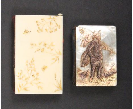 Two needlebooks comprising a 19th Century ivory example the cover with branches and insects highlighted in gilt, the red silk