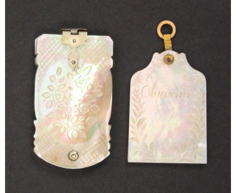 Two 19th Century swivel form mother of pearl notelets comprising an example with leaf engraved borders and titled to one side