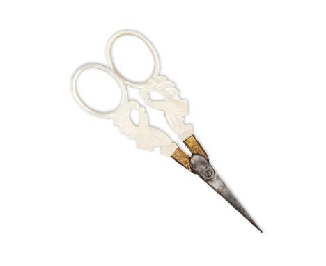 A pair of Palais Royal Scissors tapering steel blades with gilt metal pansy mounts, the mother of pearl arms carved with scro