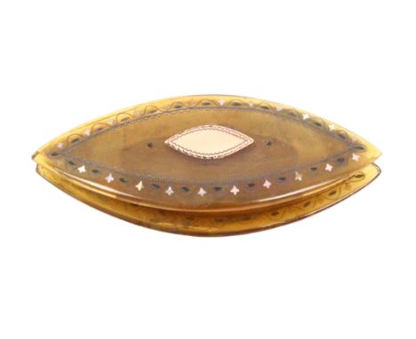 A late 18th Century blonde tortoiseshell and inlaid shuttle each side with an engraved pointed oval disc, the outer border in