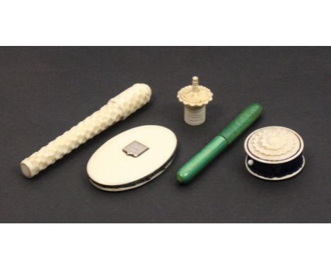 Five 19th Century ivory sewing tools comprising a flowerhead carved disc form pin cushion, 3.4cm, an oval pin cushion with in