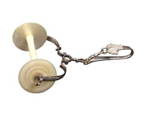 A good early 19th Century Dutch spool knave, the reel with bone shaft and turned mother of pearl roundel ends, the scroll wor