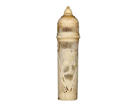 A fine French pierced and carved early 19th Century ivory bodkin case carved with love birds in a nest, flowers and a bow on 