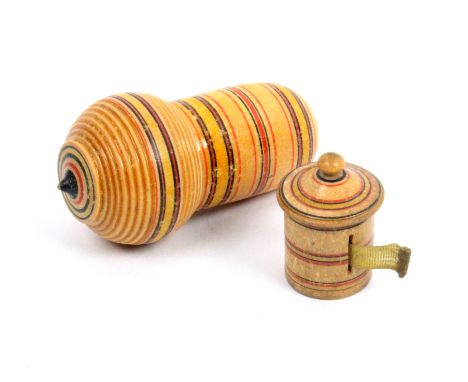 An early painted Tunbridge ware tape measure and a thimble case the cylinder tape measure with original tape inked in nails, 