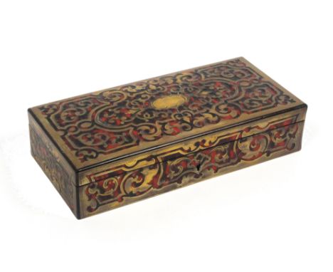 A 19th Century French Boulle work box with a full compliment of English fittings, the box of rectangular form with cut and en