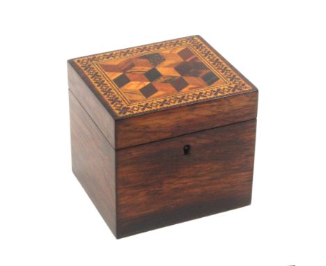 A rosewood Tunbridge ware tea caddy of rectangular form, the lid with a cube work panel within mosaic border, internal lid, c