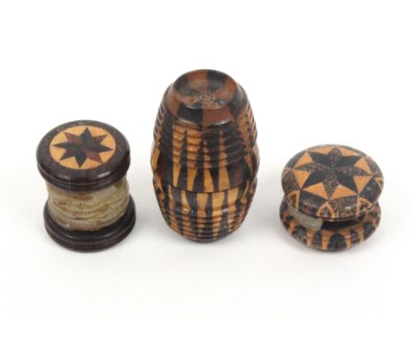 Tunbridge ware - sewing - three pieces comprising a barrel form stick ware waxer with dished ends, 4cm, and two-disc form wax