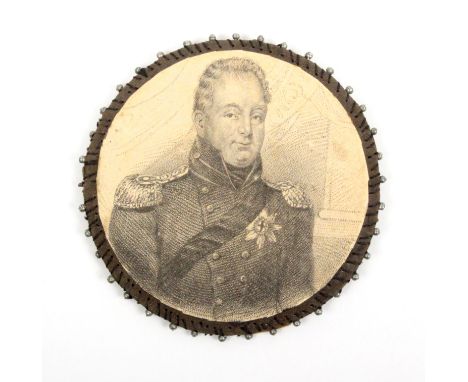 A rare printed silk pin disc one side with a bust image of George IV (d 1820).  The observe probably a portrait of William IV