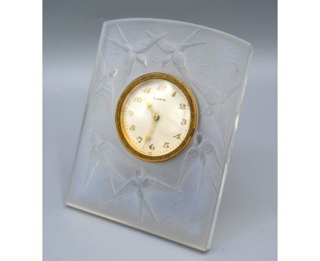 A Sabino Opalescent Glass Table Clock decorated in relief with birds, 13 x 10 cms 